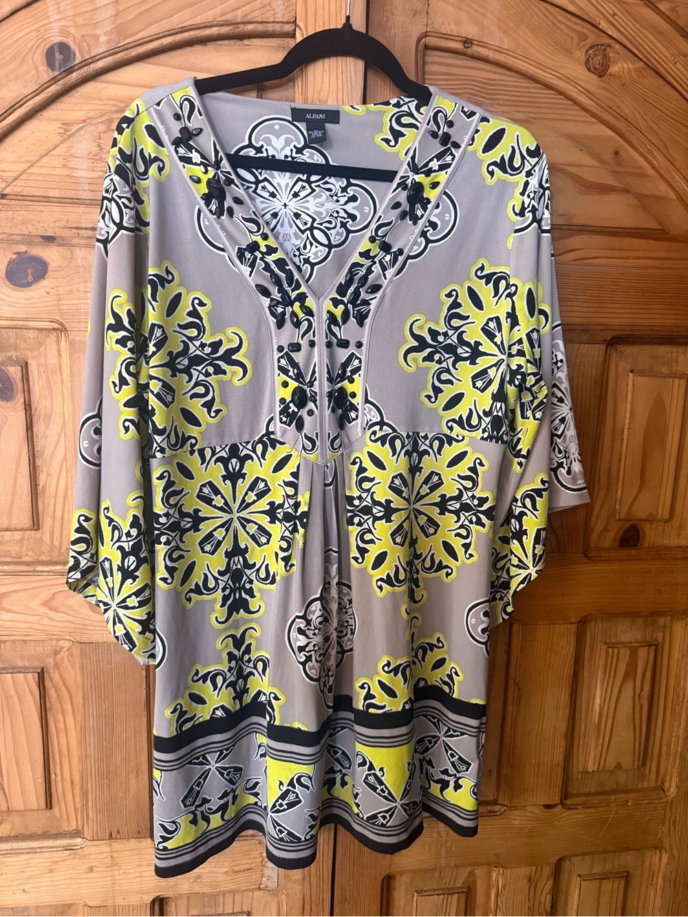 Alfani Gray Jeweled Tunic Top with Yellow and Black Medallion Print
